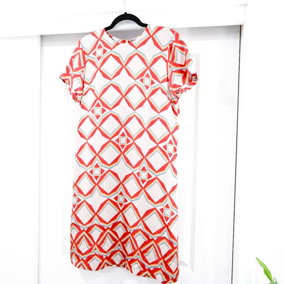 La DoubleJ Large Silk Mini 100% Silk Swing Dress in Red Abstract Geometric Print - Picture 2 of 11